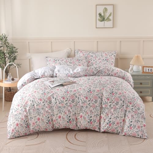 OAITE Duvet Cover King Size - 100% Cotton Comforter Cover Floral Duvet Cover Sets 3-PC, Breathable Duvet Cover with Zipper Closure & Corner Ties