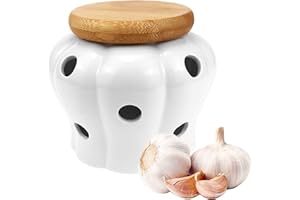 DOERDO White Ceramic Garlic Keeper Jar Container for Food Storage with Lid, Garlic and Ginger Storage Container, 5.1" x 4.3"
