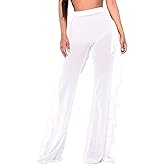 Springcmy Women Ruffle Sheer Mesh Pants See Through Bikini Bottom Swimsuit Cover up Wide Leg Beach Pants