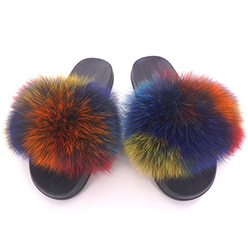 Manka Vesa Women Winter Real Fox Fur Feather Vegan Leather Open Toe Single Strap Slip On Sandals Natural Multi-Color,EU44-45/US10