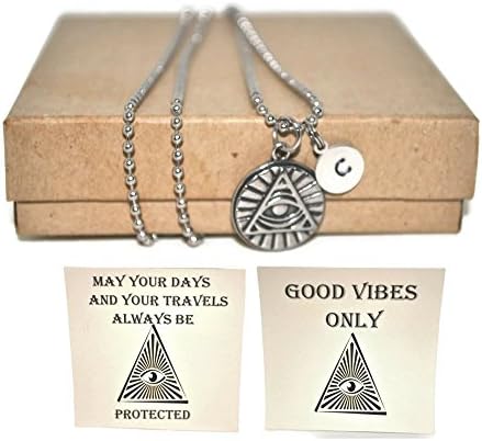 Stainless Steel all seeing eye charm initial ball necklace and initial charm with good vibes or protection note card