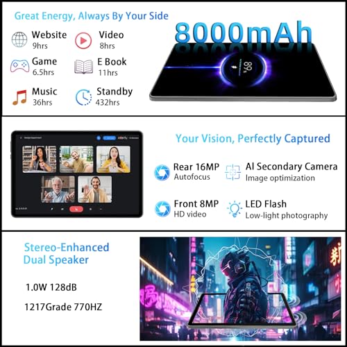 11 Inch Tablet Android 16 with Gemini AI, T615 Octa-Core, 32GB RAM + 128GB ROM /2TB TF, 16MP+8MP, 1920x1200 IPS HD 90Hz Display, 8000mAh with Fast Charging & OTG, Widevine L1, GPS(Gray)