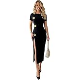 winkbay Women's Elegant Bodycon Maxi Dress Metal 3D Floral High Slit Short Sleeve Cocktail Evening Dresses