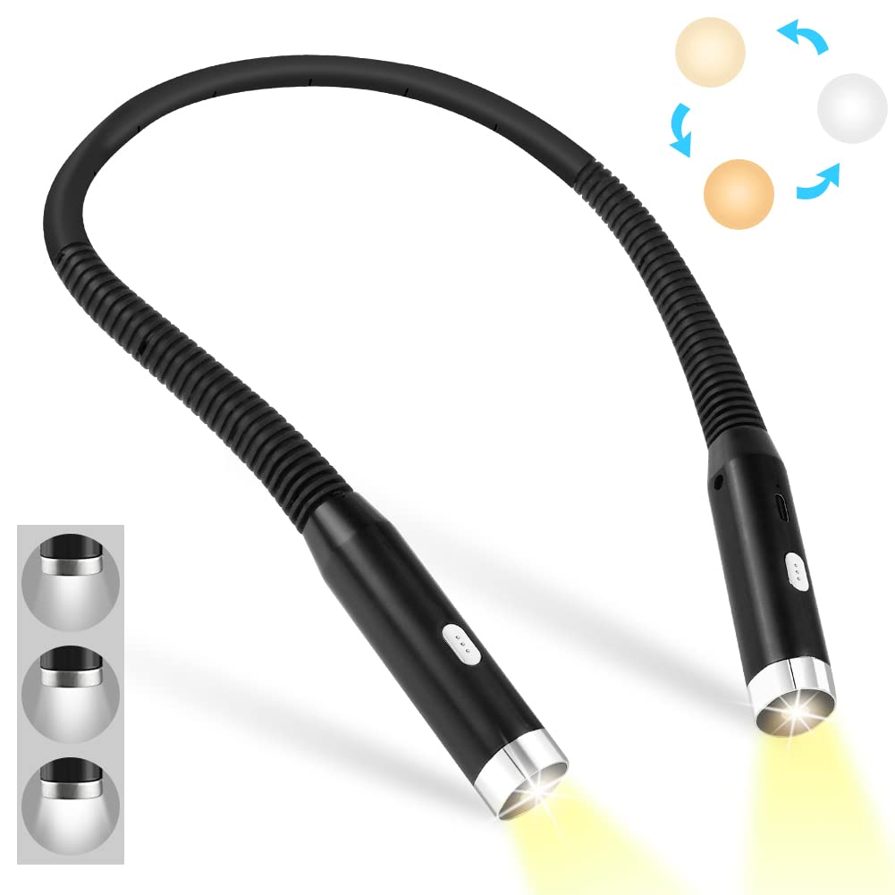 URAQT Neck Reading Light Rechargeable, 3 Brightness Levels × 3 Colour Modes Book Light for Reading in Bed at Night, Long Bendable Arms, 1000mAh Eye-Friendly Light for Reading, Knitting, Crochet