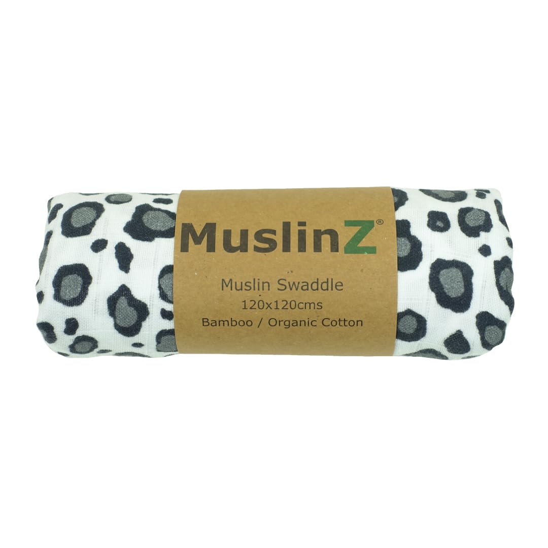 MuslinZ Newborn Sensory Muslin squares in Black and White for Visual Stimulation and Sensory Play. Baby Muslin Bamboo/Organic Cotton mix. (Leopard, 120x120cms)
