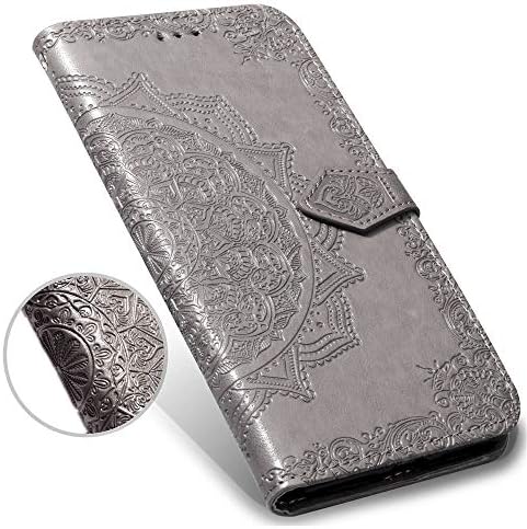iPhone Xs Max Case,iPhone Xs Max Wallet Case 6.5 inch,Henna Mandala Floral Flower PU Leather Flip Folio Phone Protective Case Cover for iPhone Xs Max with Credit Card Slot Holder Kickstand,Gray