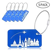 Fewao Luggage Tags for Suitcases, 5 Pack Travel ID Tags with Cable, Aluminium Travel Labels Name and Address for Luggage, Suitcases, Hand Bag - with Unique Pattern, Anti-Rust (Blue)