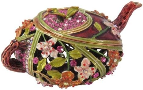 Maroon Red Enameled Floral Tea Pot Antique Crystal Collectible Gift Vintage Trinket Figurine Jewelry Box