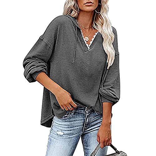Womens Casual Hooded Sweatshirt Fashion Long Sleeve Lace V Neck Pullover Tops Soft Cotton Loose Blouses Sweats