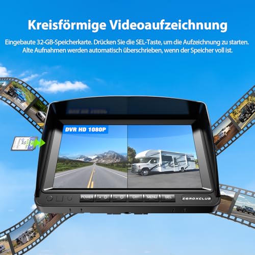 Digital Reversing Camera Wireless Set, 7 Inch HD LCD Monitor + Dual Cameras, IP69K Waterproof Reversing Camera, Radio, Night Vision, Wireless Parking Aid, Loop Recording, for Trucks, Caravans, Trailers