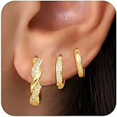 3Pairs Small Gold Huggie Hoop Earrings for Women,Romantic heart,Twisted braid two colors,3 CZ Hoop,5 Round Zircon Sport Hoops Earrings Set,14K Gold Filled Silver Hypoallergenic Earring Excellent gift