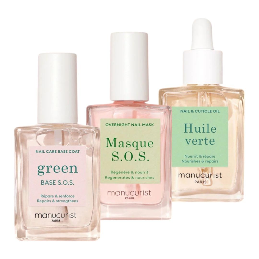 Manucurist Rescue Kit - Nail Care Kit - Nail Repair for Damaged Nails : 1 Strengthening Base Coat, 1 Night Mask, 1 Nail Cuticle Oil - Nail Strengthener For Damaged Nails - Nails Care Gifts for Women