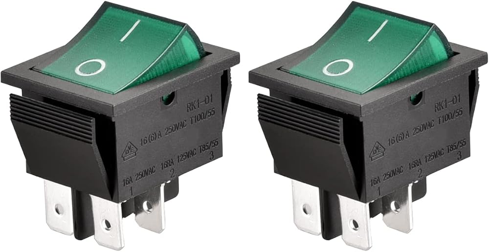 Heschen Rocker Switch ON-OFF DPST 4 Terminals Green Light 16A 250VAC 2Pack