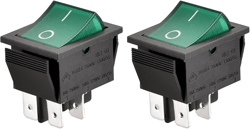 Heschen Rocker Switch ON-OFF DPST 4 Terminals Green Light 16A 250VAC 2Pack