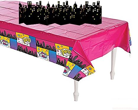 Girl Super Hero Table Cover &amp; Hero Skyline Cutout Prop Decoration