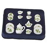 Goldblue Dollhouse Miniature 15pcs Dining Ware Tea Set White with Clover