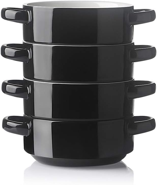  | SWEEJAR Ceramic Soup Bowl with Double Handles, 20 Oz Stacked Bowls for French Onion Soup, Cereal, Pot Pies, Stew, Chill, Pasta, Set of 4 (Black): Soup Bowls