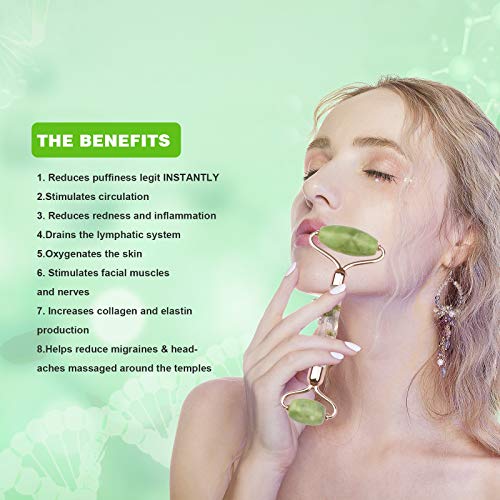 Jade Roller for Face Massage, Noiseless Facial Beauty Roller, Anti Aging Face Roller for Puffiness, Real Flower Infused Handle (Green)