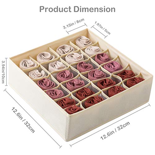 Qozary Closet Socks Organizer Drawer Divider, 24 Cell Collapsible Closet Cabinet Organizer Underwear Storage Boxes for Storing Socks, Lingerie, Underwear (Beige, 24 X 2)
