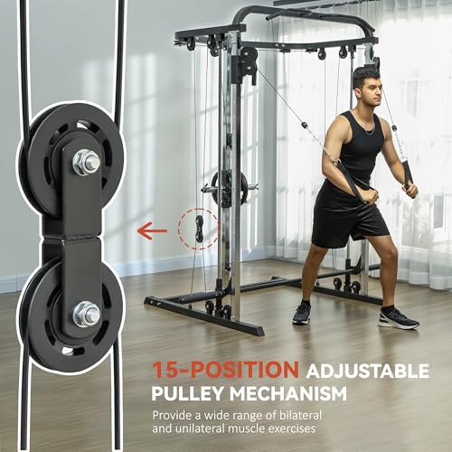 Soozier 3 in 1 Smith Machine, Multi-Functional Power Cage with Cable Crossover System, Pull up Station, 16-Level Squat Rack and Barbell Bar, Home Gym Machine