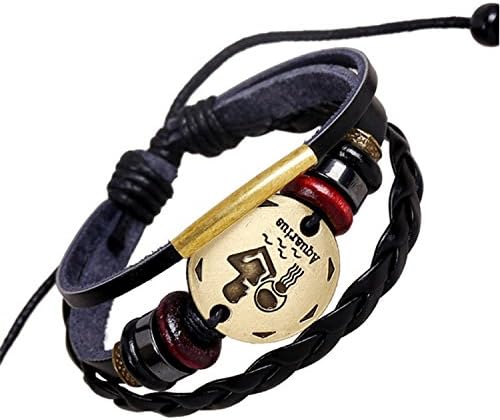 WorldCharlotte Handmade Black Genuine Leather Bracelet for Men and Women, Vintage Zodiac Sign Logo Charms Bracelet, Unisex, Adjustable Size, Fit 6 - 9 Inch (Aquarius)