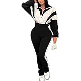 Remelon Womens 2 Piece Sweatsuits Color Block Long Sleeve Zipper Cropped Jacket Legging Pants Set Tracksuit Jogger Outfits