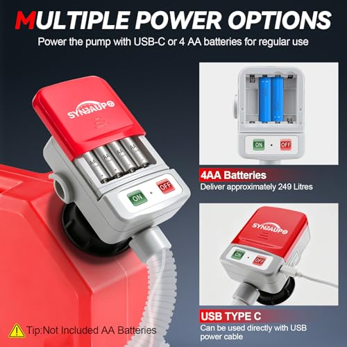 SYNJAUPO Electric Fuel Transfer Pump with Automatic Stop Sensor | 12V, 3.2GPM (12L/min), with 4 Adapters, 28 mm Pump Head, Powered by Batteries and USB, for Petrol, Diesel and Water
