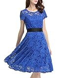 OUGES Women's Crew Neck Short Sleeve Pleated Lace Dress