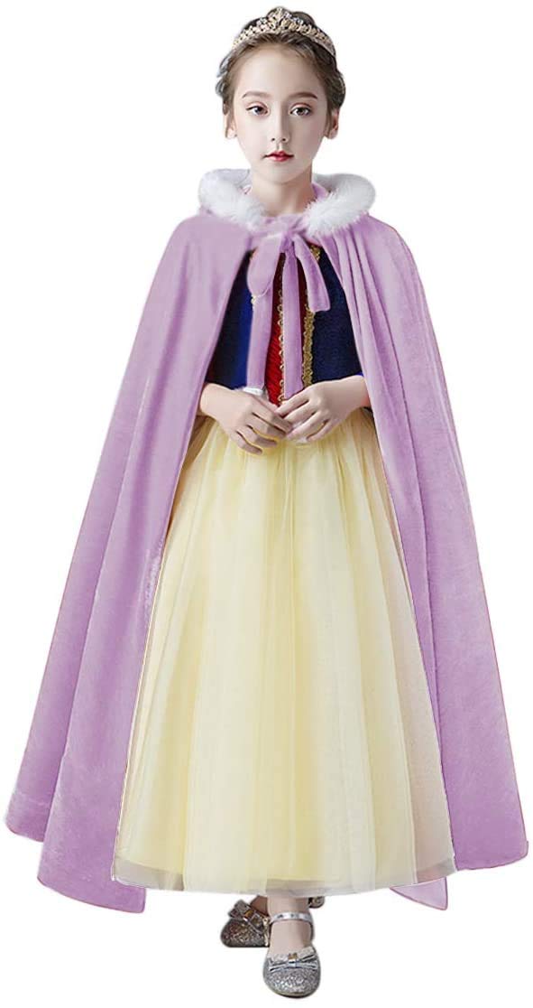 Kids Girls Princess Queen Hooded Cloak Cape Faux Fur Ponchos Dress Halloween Cosplay Costume Fancy Dress Up Party Outfits for Children Purple Longer