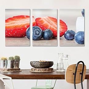 3 Panel Canvas Wall Art - Blueberries and Strawberries - Giclee Print Gallery Wrap Modern Home Art Ready to Hang - 16"x24" x 3 Panels