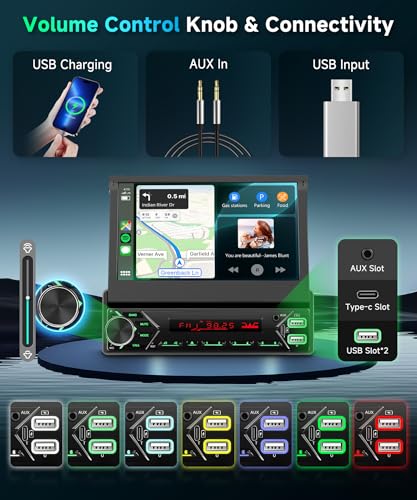 Podofo DAB+ 1 DIN Bluetooth Car Radio with CarPlay & Android Car Wireless with Motorized Retractable Screen 7 Inch Touchscreen, Mirror Link FM USB Type-C AUX Microphone Backup Camera