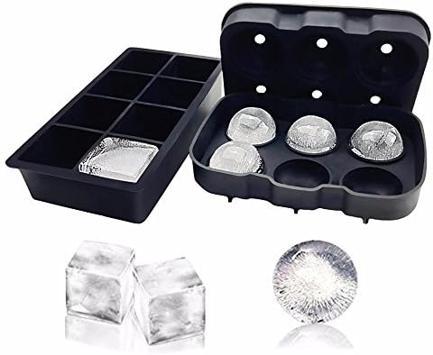 Pennylane Products Ice Cube Trays - Large Black Silicone Covered Refrigerator Ice Tray Set 6 Round + 6 Square Molds - Flexible Stackable Reusable - Use with Cocktails Whiskey Scotch Wine Coffee