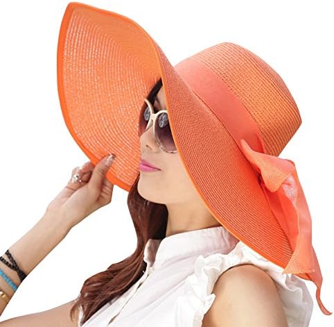 Kaisifei Bowknot Casual Straw Women Summer Hats Big Wide Brim Beach Hat (Orange-1)