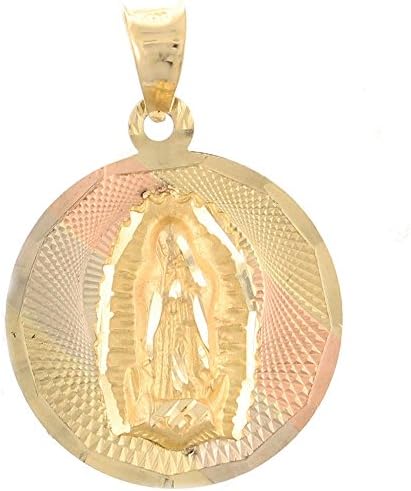 14K Yellow Gold Virgin Mary Tri Color Textured Dia-Cut Design Round Pendant