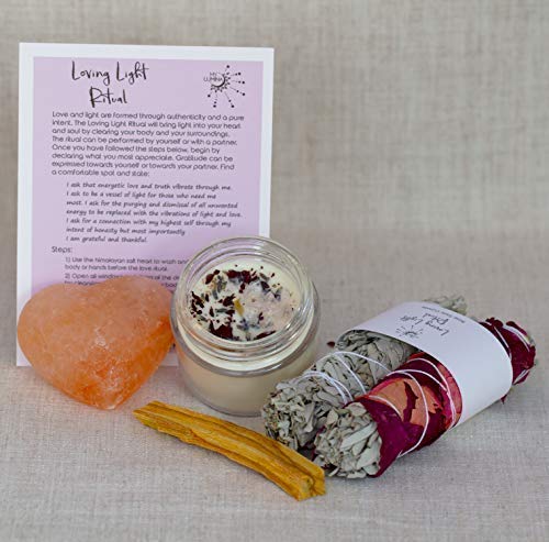 Loving Light Ritual KIT - Pure Himalayan Salt Heart, White Sage Wand, Sage Wand with Rose Petals, Palo Santo Stick, Love Candle Healing Incense, Love Attraction Ritual, Spiritual Love Cleansing