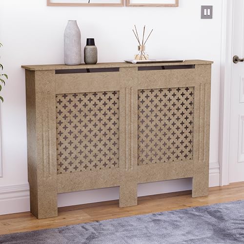 Vida Designs Oxford Radiator Cover Unfinished - Medium - Traditional Cross Pattern Design For Optimal Heat Circulation - H82xW111xD19cm - Unpainted MDF Cabinet Ideal For Living Room & Hallway