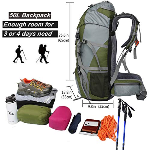 Seenlast 50L Unisex Travel Hiking Backpack Outdoor Sport Daypack Water-Resistant Bag with Rain Cover for Climbing Camping Touring Mountaineering(Green)