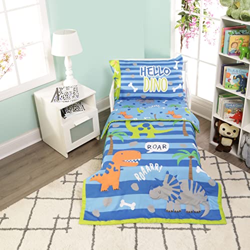 EVERYDAY KIDS 4 Piece Toddler Bedding Set – Roaring Dinosaurs - includes Comforter, Flat Sheet, Fitted Sheet and Reversible Pillowcase – Boys Toddler Bedding