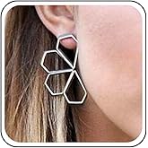 Iaceble Punk Geometric Earrings Silver Hollow Stud Earrings Polygon Hoop Earrings Geometry Exaggerated Earrings Jewelry for Women