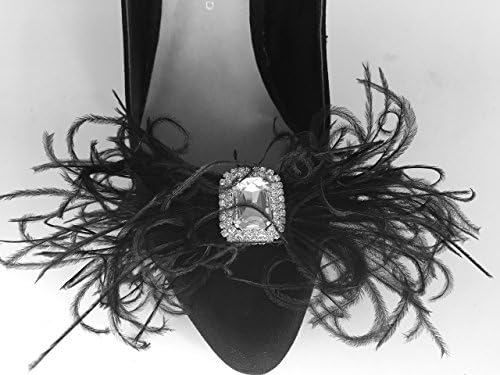 Detachable Black Ostrich Feather Bow and Rhinestone Brooch Shoe Clips Set of Two