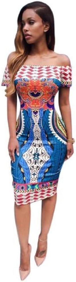 Bluester Women Traditional African Print Dashiki Bodycon Sexy Short Sleeve Dress