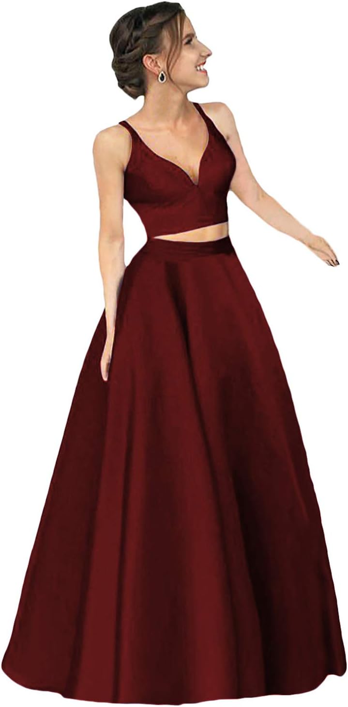 Dymaisei Women's Two Piece Spaghettis Satin Prom Dresses Long Formal Party Dress