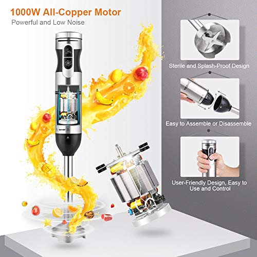 YISSVIC Immersion Hand Blender, 4 in 1 9 Speed Stick Blender with 500ml Food Grinder 700ml