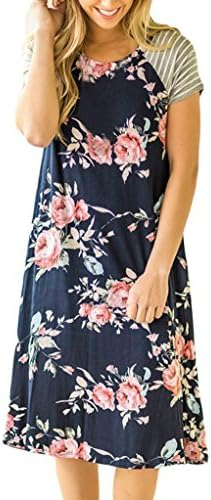 LiMiCao Floral Printed Casual Short Sleeve Crewneck T-Shirt A-Line Midi Dress for Women (XL, Blue 1)