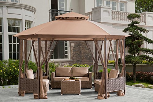 UPC 841057144831, Sunjoy Octagonal Patio Softtop Gazebo with Netting,Wicker Pannels,Brown