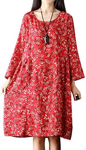 P Ammy Fashion Women's Korean Floral Cotton & Linen Mid-Long Shirt Dress Red