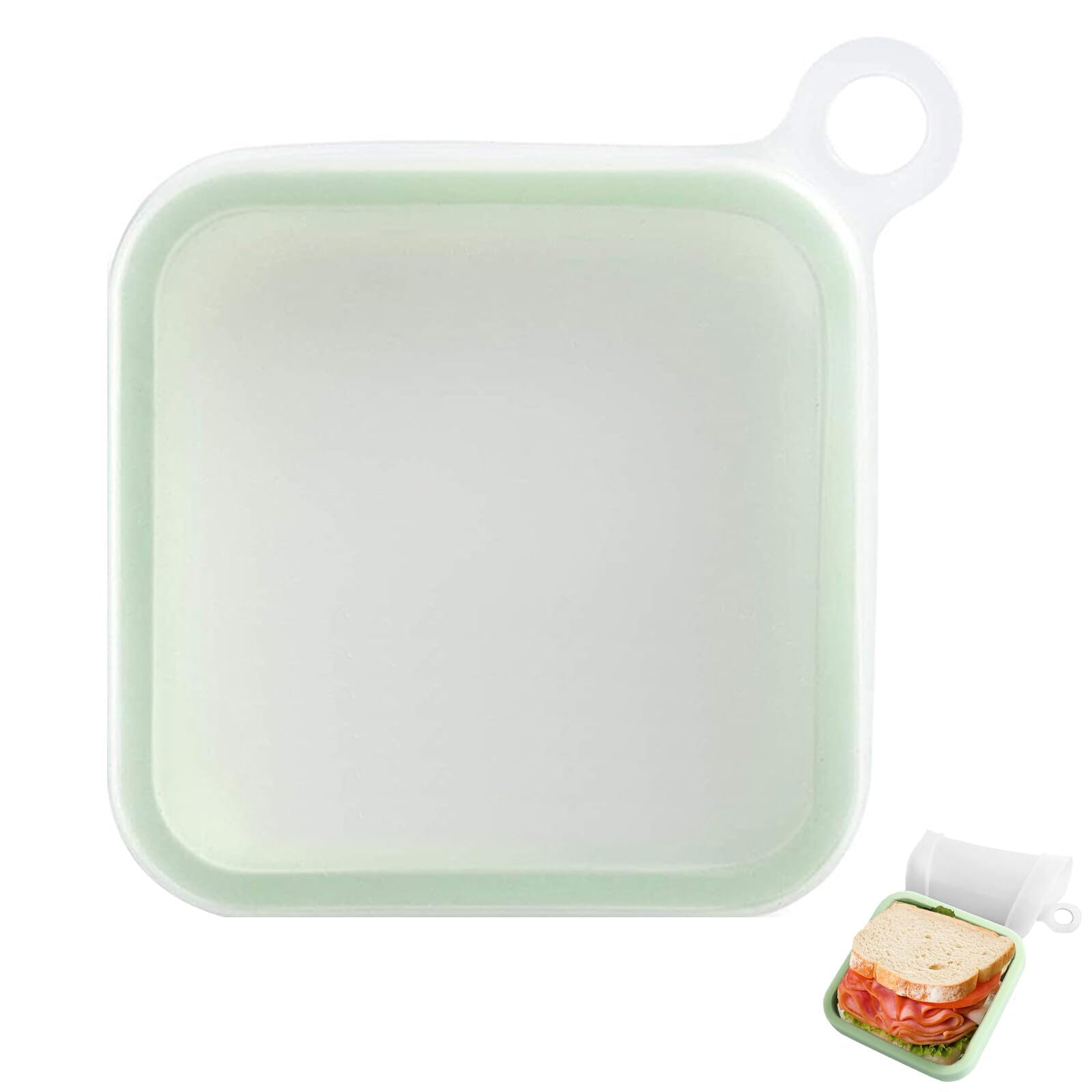 VZU Sandwich Box, Sandwich Container, 1 Unit, Reusable Sandwich Box Container with Lid - Portable Square Silicone Lunch Case in Green，15.5×15.5×2.5 cm, Freezer, Microwave and Dishwasher Safe