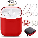Tutor AirPods case Silicone protective cover with 2 Anti-lost Strap,2 Pairs of Ear Hook and 1 Headphone Case for Apple AirPods (6PACK)-Red
