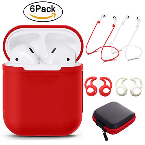 Tutor AirPods case Silicone protective cover with 2 Anti-lost Strap,2 Pairs of Ear Hook and 1 Headphone Case for Apple AirPods (6PACK)-Red