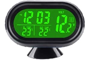Riloer 12V Car Digital Thermometer Voltmeter Clock Alarm Monitor Orange+Green, Clock LCD Detector LED Display, Multifunctional Auto Meter Clock Voltage Freezing Temperature Gauge